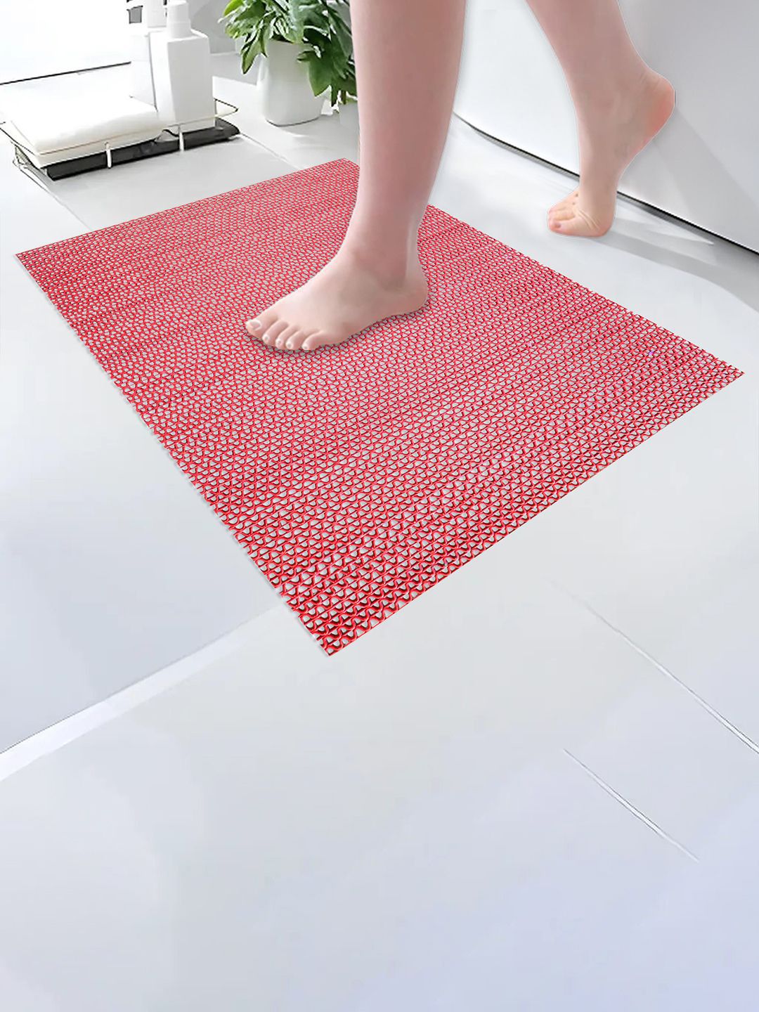 Kuber Industries Red Textured 110 GSM Anti-Slip Long Lasting Bath Rug