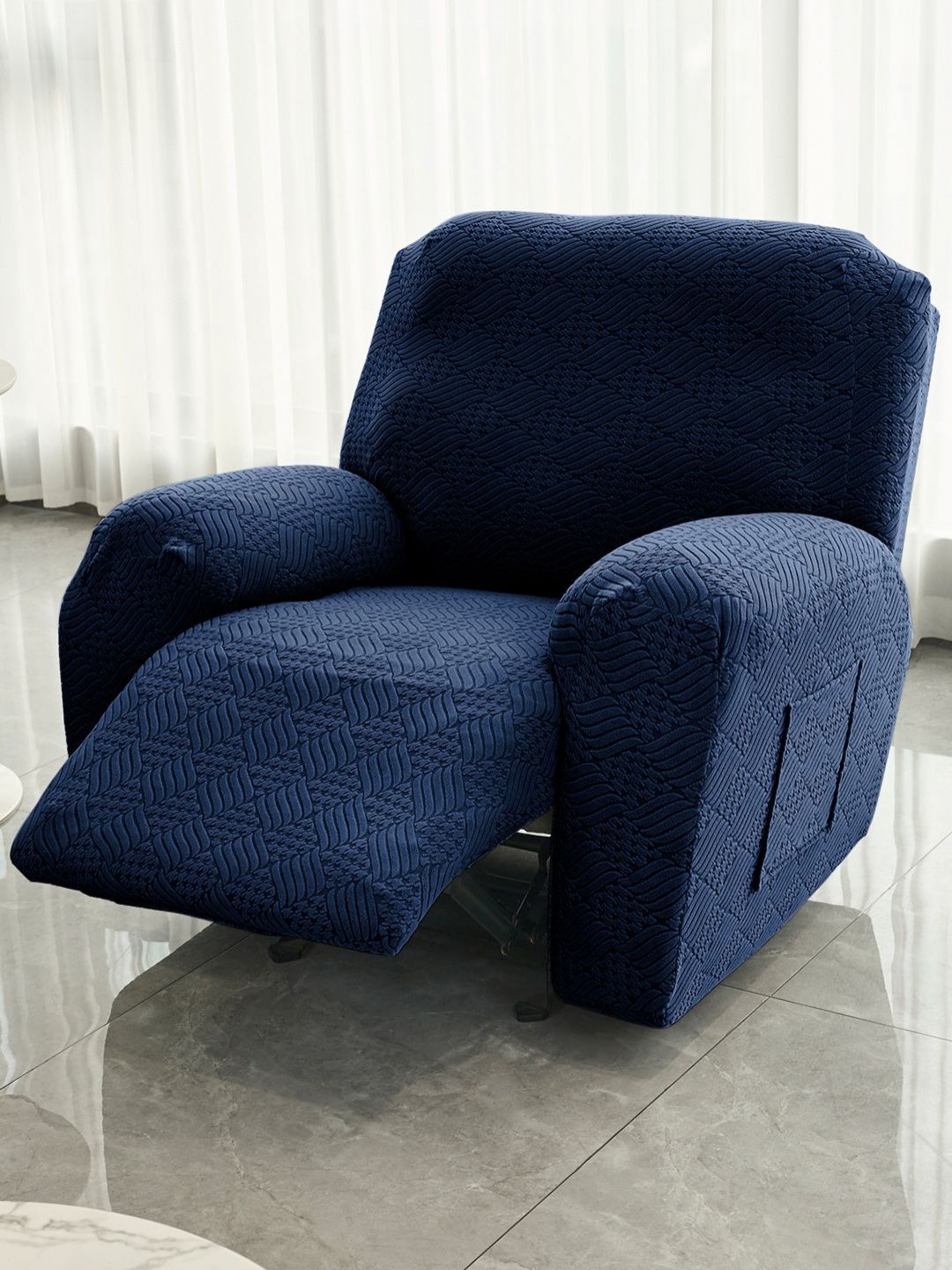 HOKIPO Navy Blue Jacquard 1 Seater 170 GSM Sofa Cover With Arms-picture-5