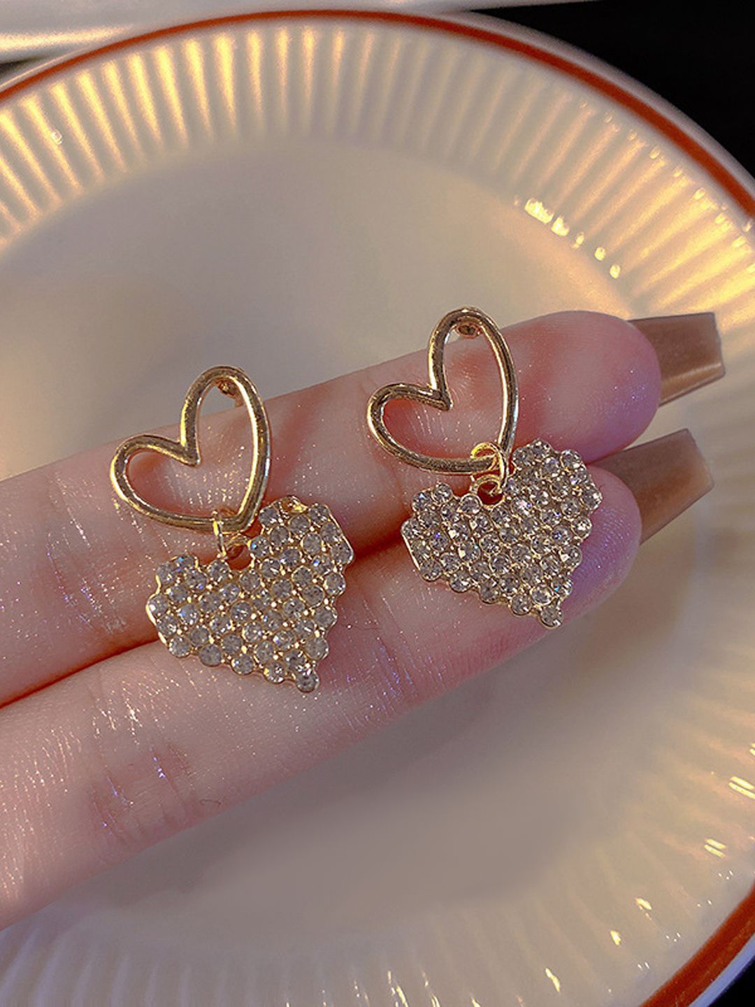 Krelin Gold-Plated Embellishments Crystal Heart Shaped Drop Earrings-picture-16