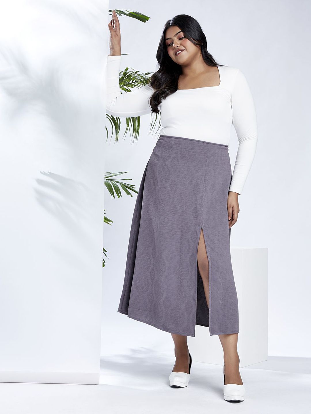 Globus Gloplus Women Mid-Rise Self Design Bohemian Front Slit Plus Size A-Line Midi Skirt-picture-14