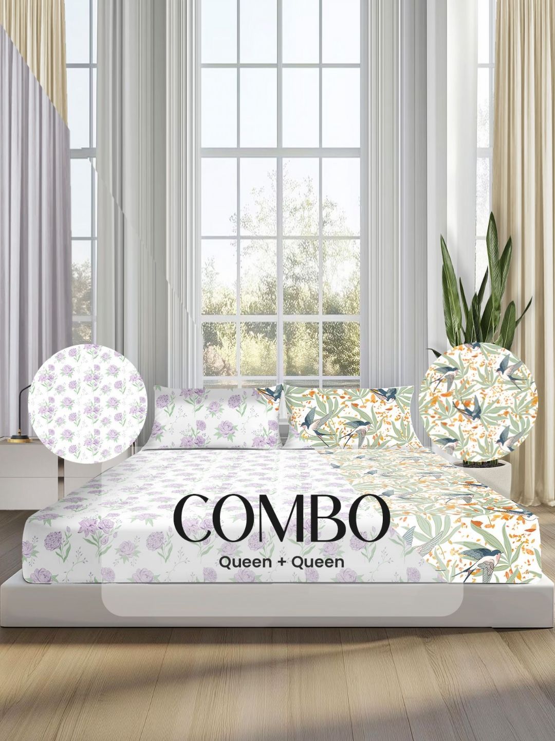 Sleepsia White & Green Floral 180 TC 2 Queen Bedsheet with 2 Pillow Covers-picture-15