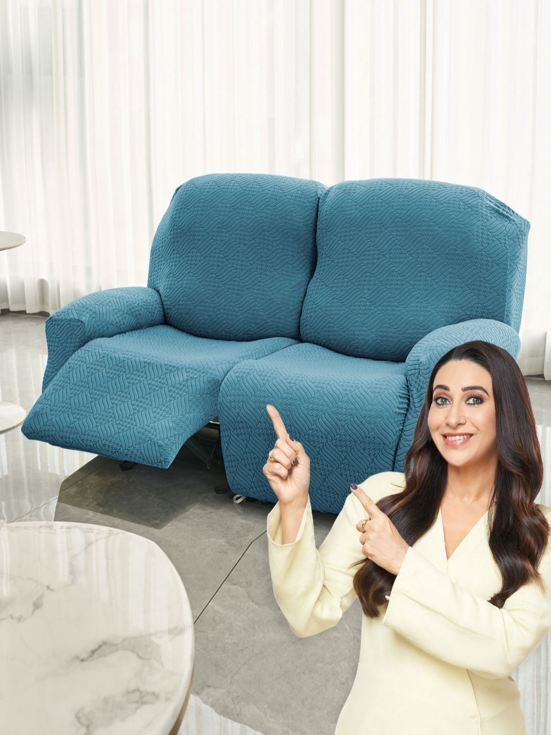 HOKIPO Turquoise Blue Jacquard 2 Seater Recliner Cover With Arms-image-43