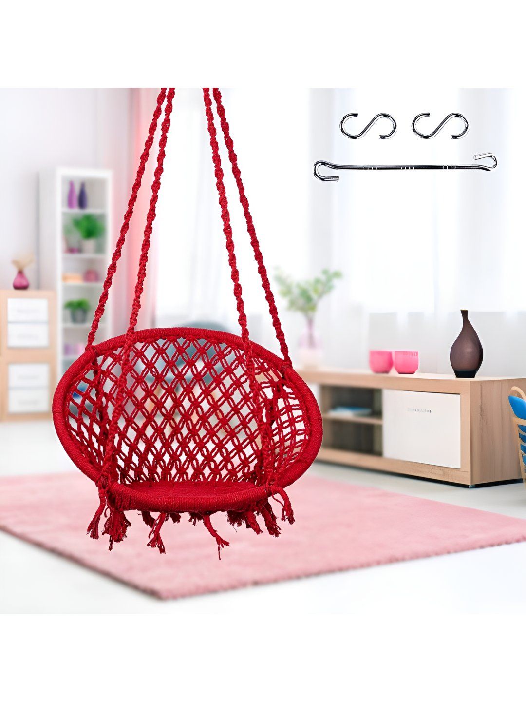 Swingzy Red Textured Single Seater Round Wooden & Cotton Hammock Swing-picture-56