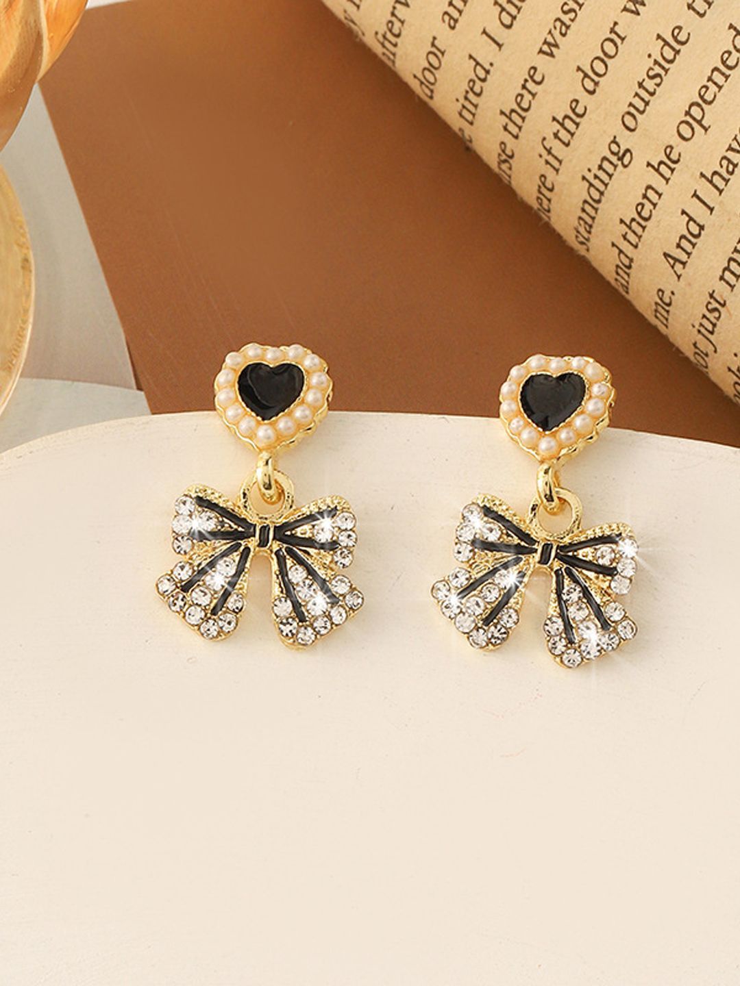 Krelin Gold-Plated Rhinestone Studded & Pearls Beaded Heart Shaped Drop Earrings-picture-28