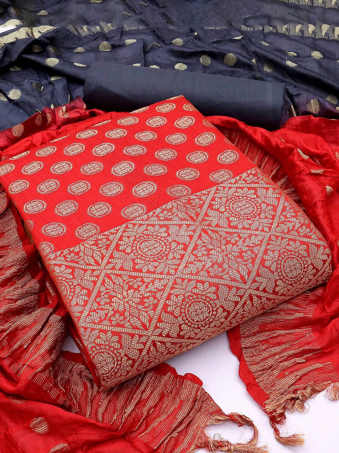 HERE&NOW FLoral Woven Design Banarasi Silk Unstitched Dress Material-picture-13