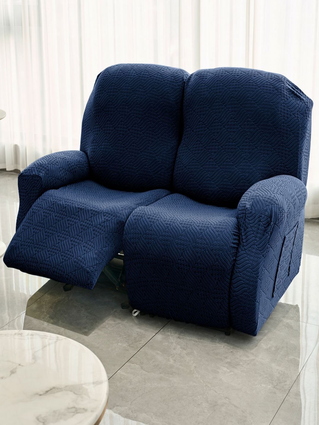 HOKIPO Navy Blue Jacquard 2 Seater Sofa Cover With Arms-image-28