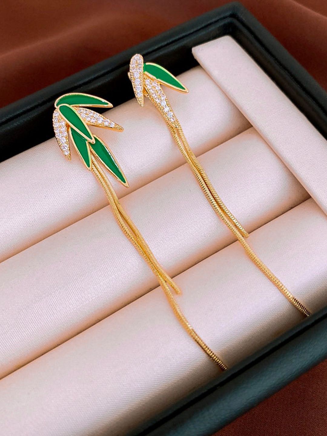 Krelin Gold-Plated Rhinestone Studded Leaf Shaped Drop Earrings-picture-25