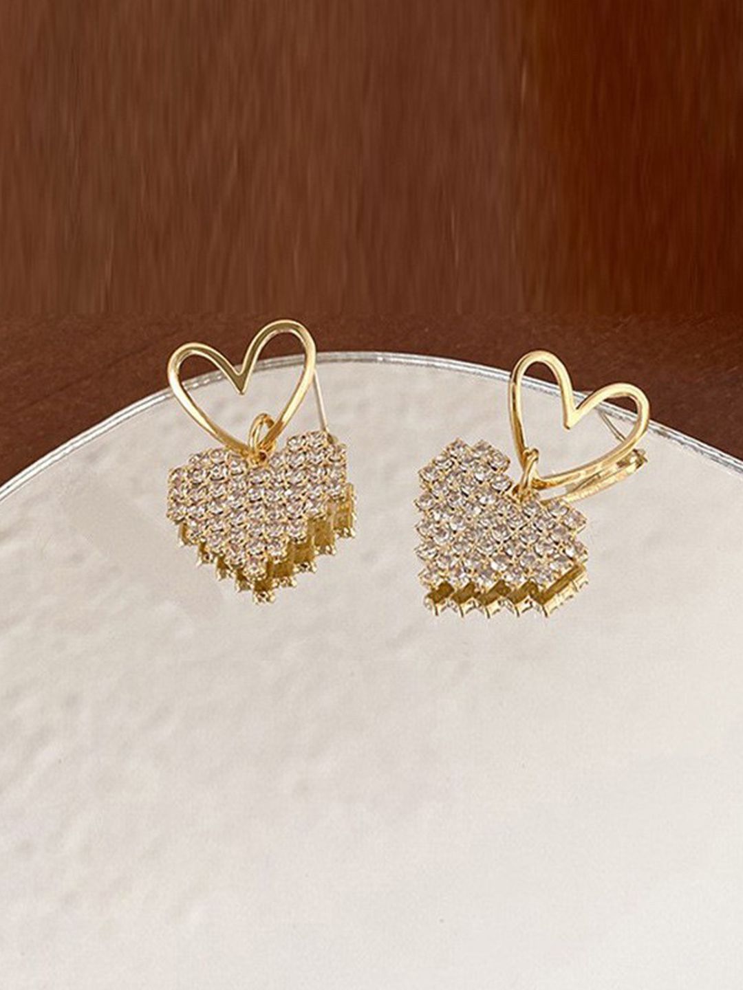 FIMBUL Gold-Plated Rhinestone Studded Heart Shaped Drop Earrings-picture-21