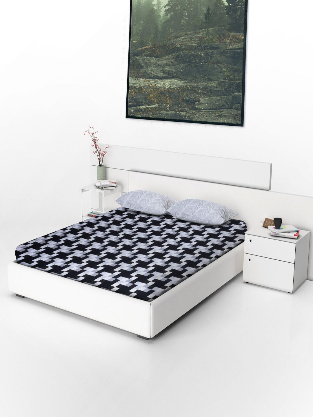 Threadwear White Geometric Printed Cotton 350 TC Fitted Queen Bedsheet Set-2.75m x 2.35m-image-22