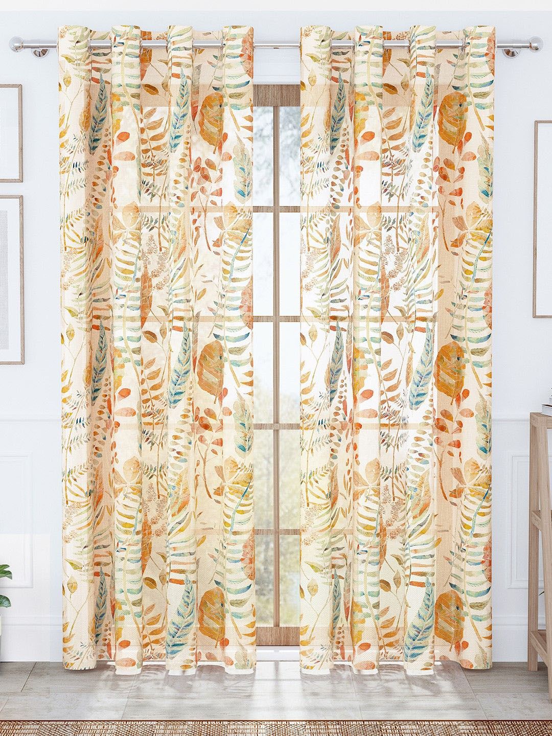 Story@home Cream-Coloured & Orange Set of 2 Floral Sheer Long Door Curtain-picture-10