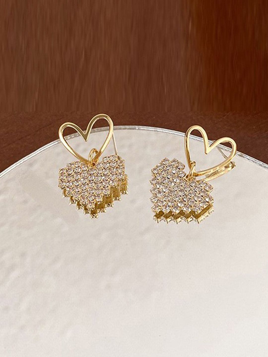 Krelin Gold-Plated Rhinestone Studded Heart Shaped Drop Earrings-picture-34