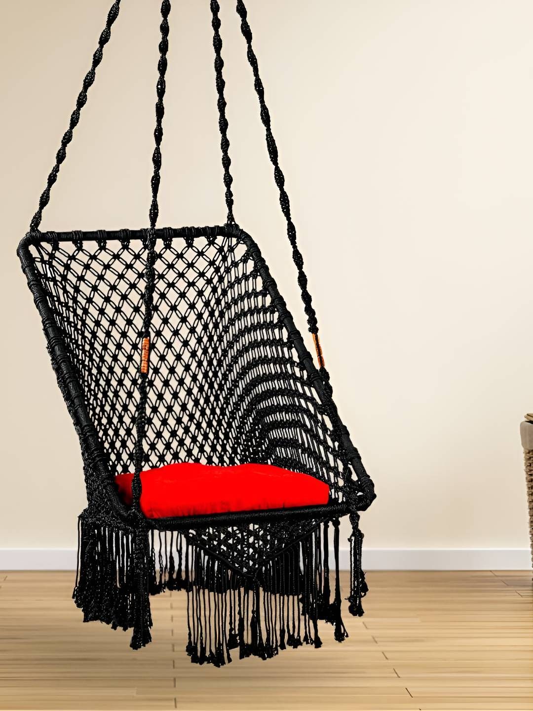 Swingzy Black & Red Rectangle-Shape Single Seater Hanging Hammock Swing With Cushion