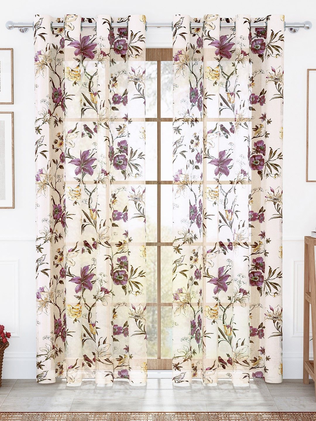 Story@home Cream-Coloured & Purple Set of 2 Floral Sheer Door Curtain-picture-9