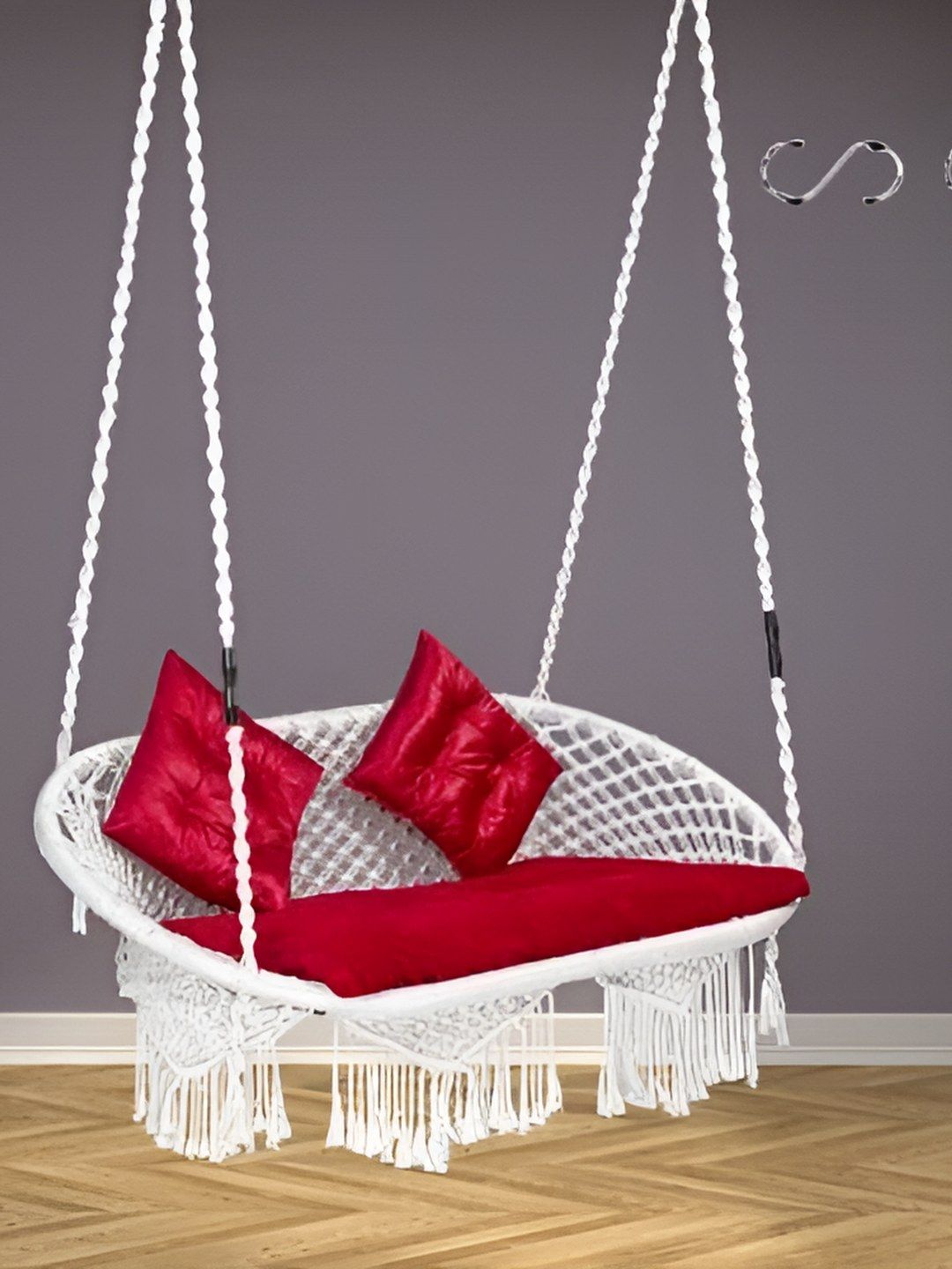 Swingzy Premium White & Red Large Double Seater Round Hanging Hammock Swing With Cushion