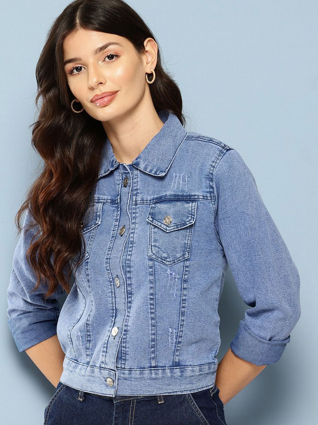 CORSICA Washed Spread Collar Lightweight Crop Denim Cotton Jacket