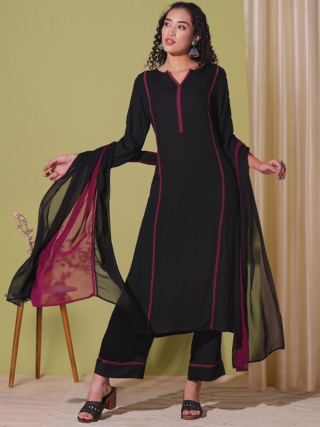 Anni Designer Notch Neck Straight Kurta With Palazzos & Dupatta