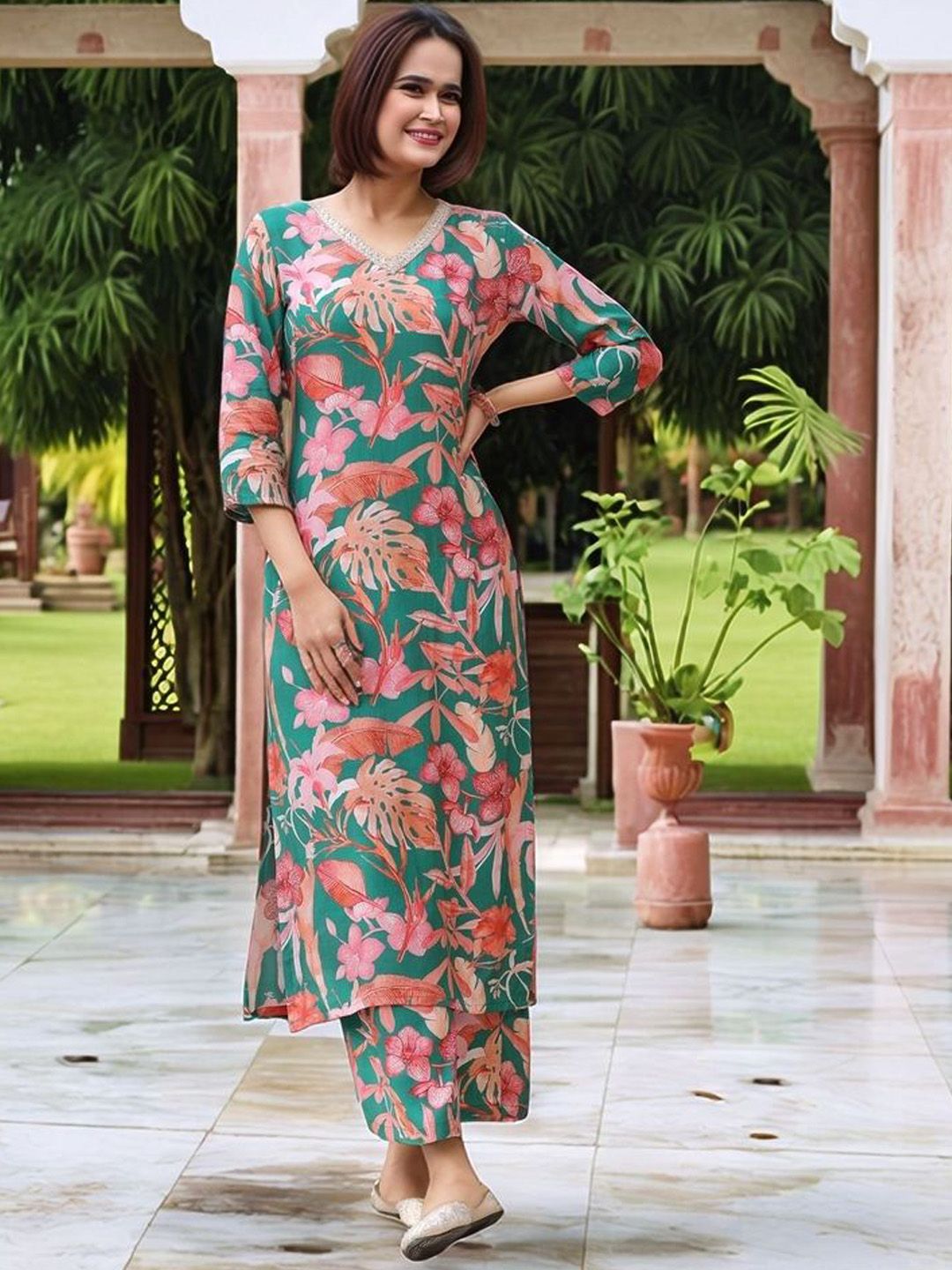 Anni Designer Floral Printed V-Neck Straight Kurta With Palazzos-picture-26