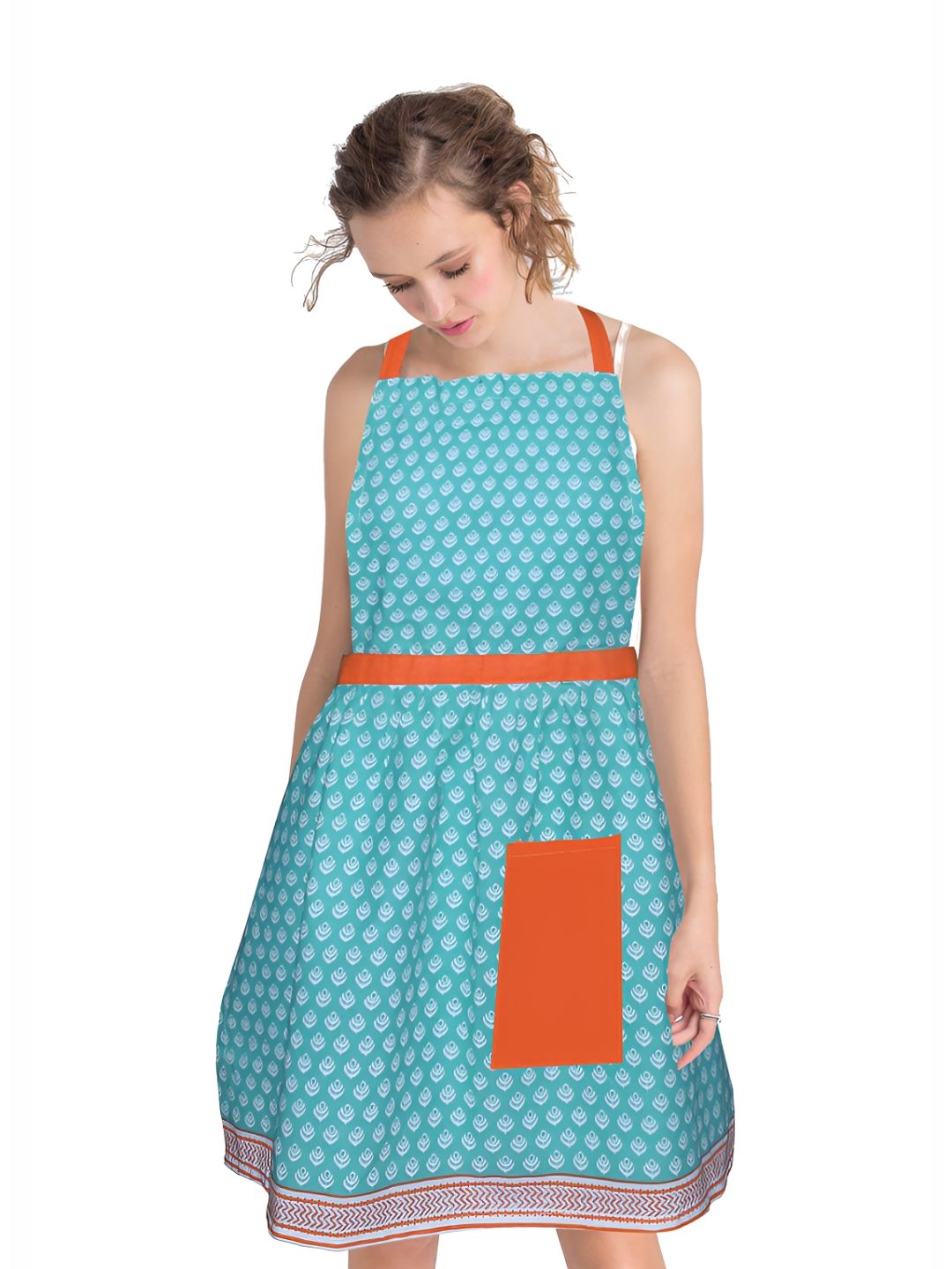 HOME COLORS.IN Blue & Orange-Coloured Printed Cotton Adjustable Apron-image-33