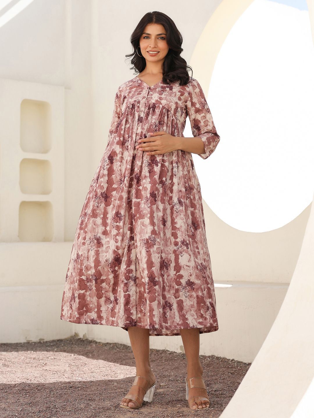 Janasya Tie-dye Printed Pure Cotton A-line Maternity Ethnic Dress-image-30