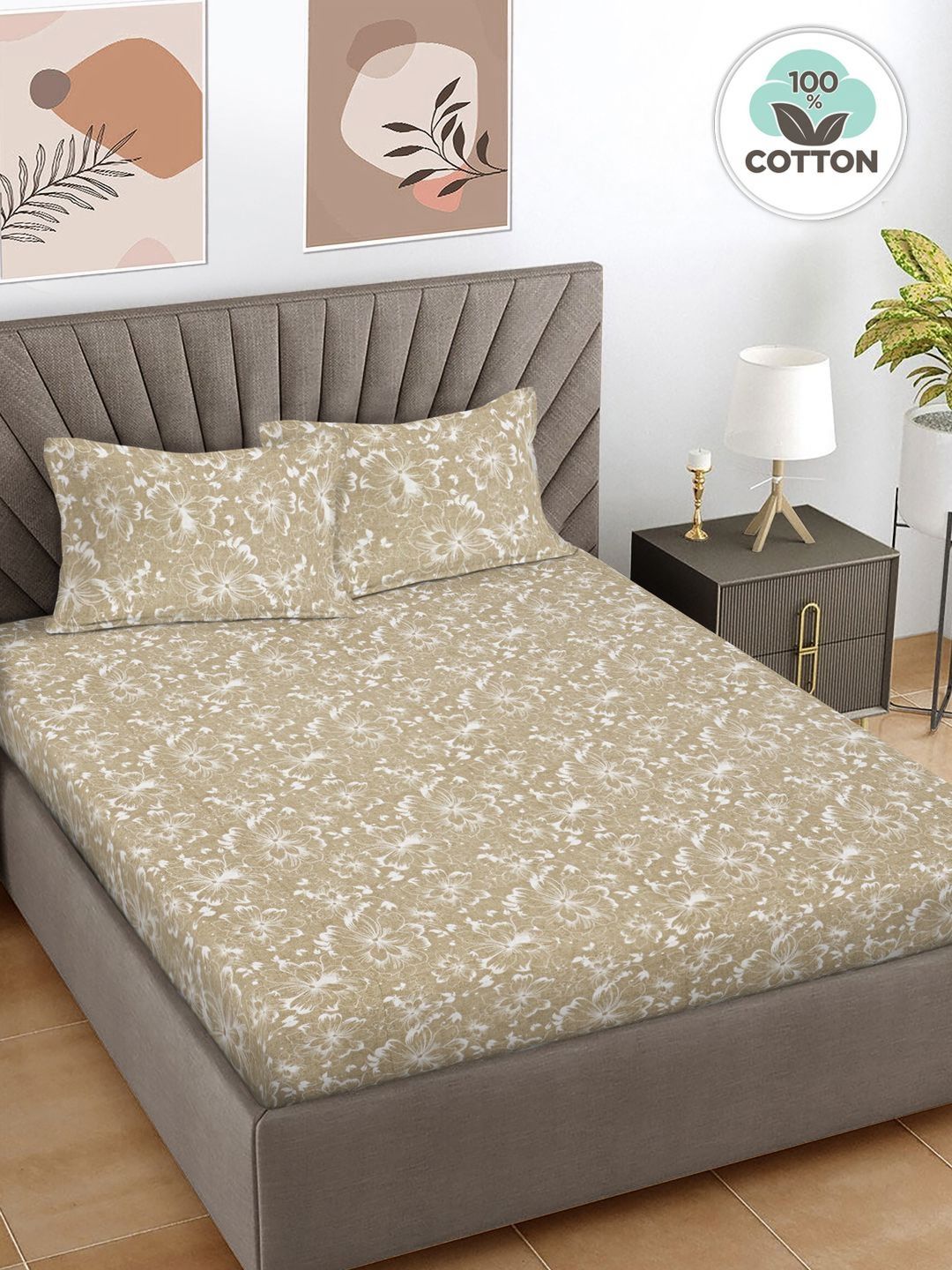 Myntra Elegant Homes Beige Floral 300 TC King Bedsheet with 2 Pillow Covers-picture-15
