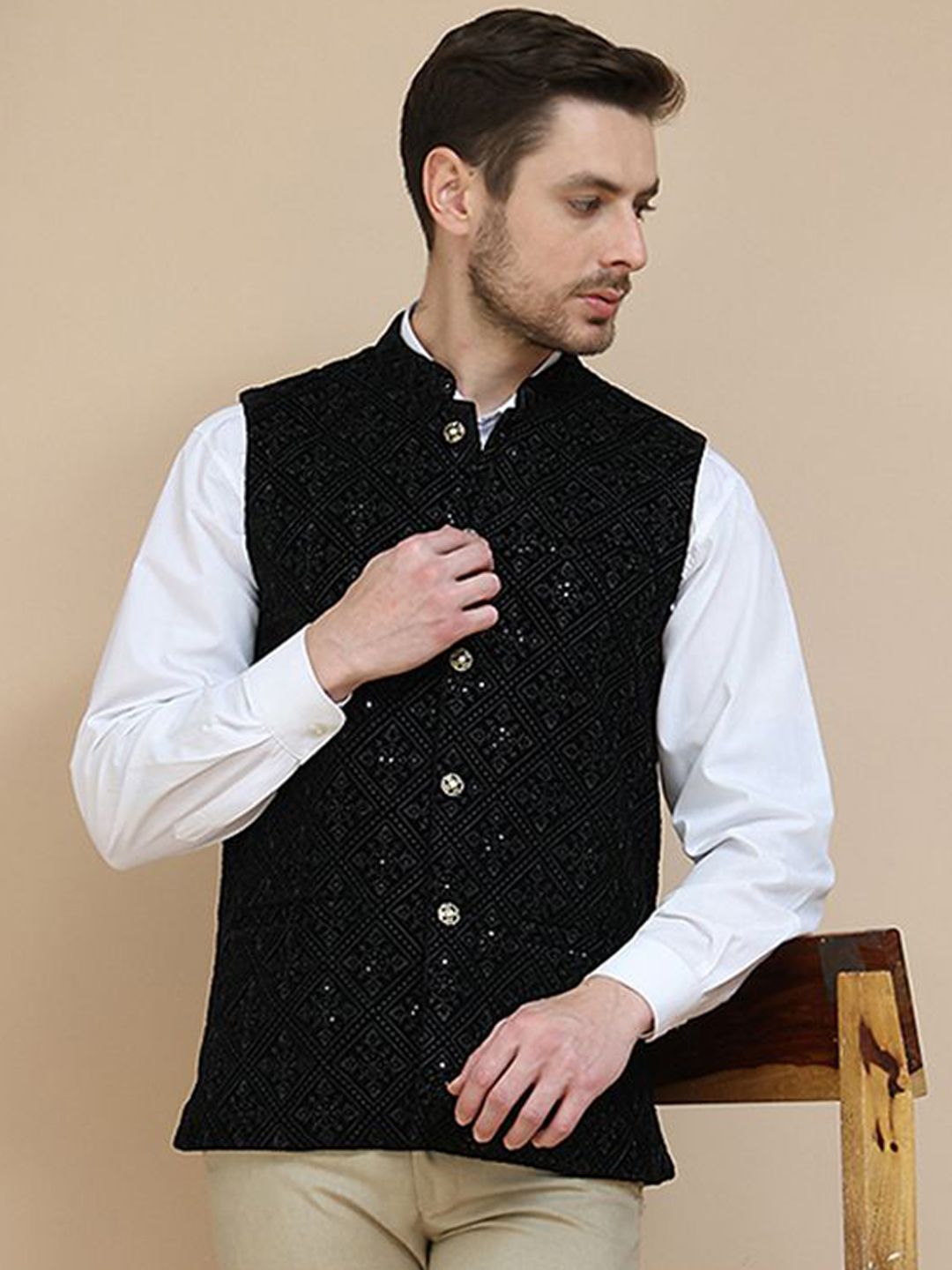 Jompers Embroidered Velvet Nehru Jacket-picture-20
