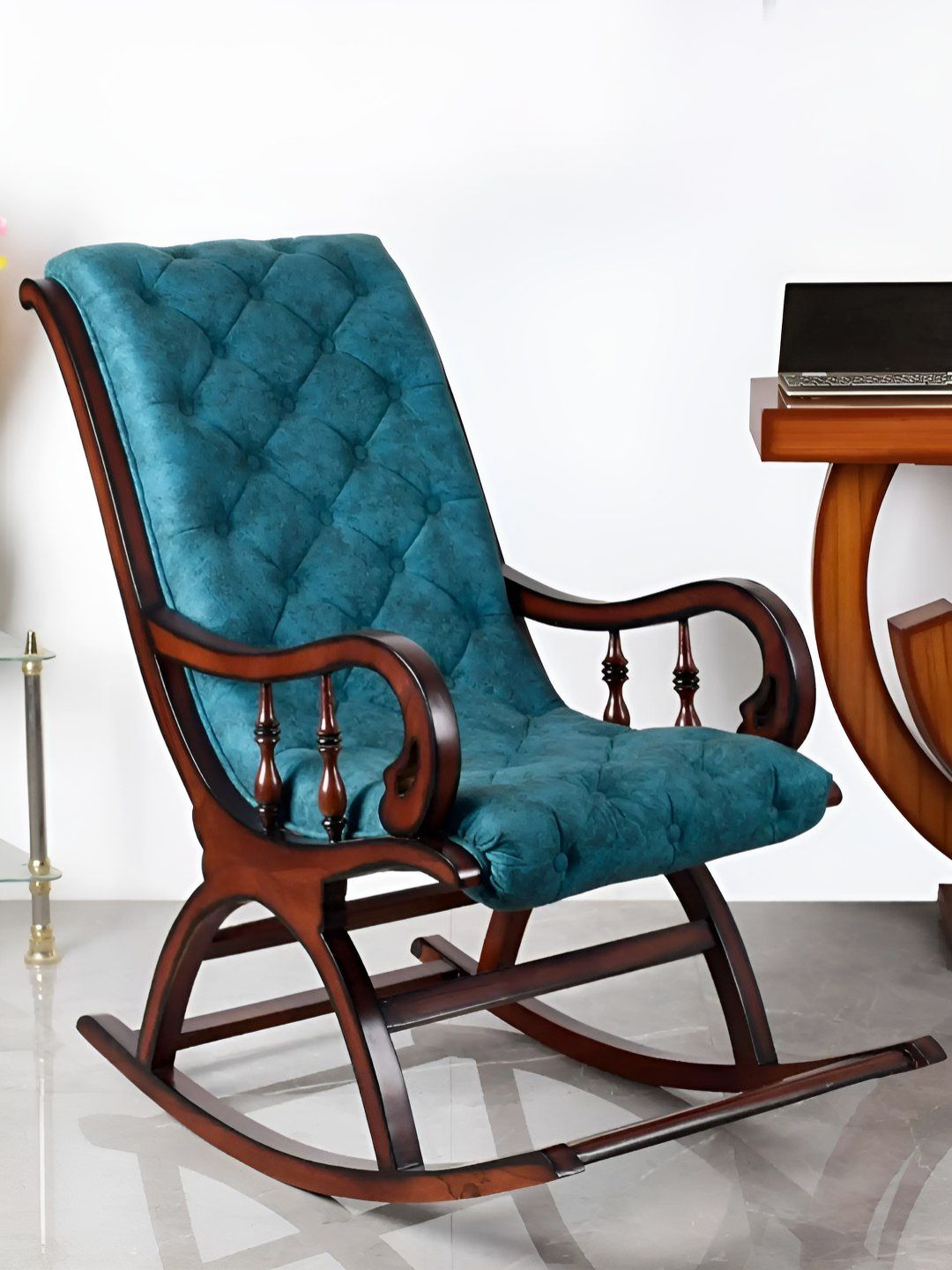 DZYN Furnitures Brown Turquoise Teak Wood Rocking Chair