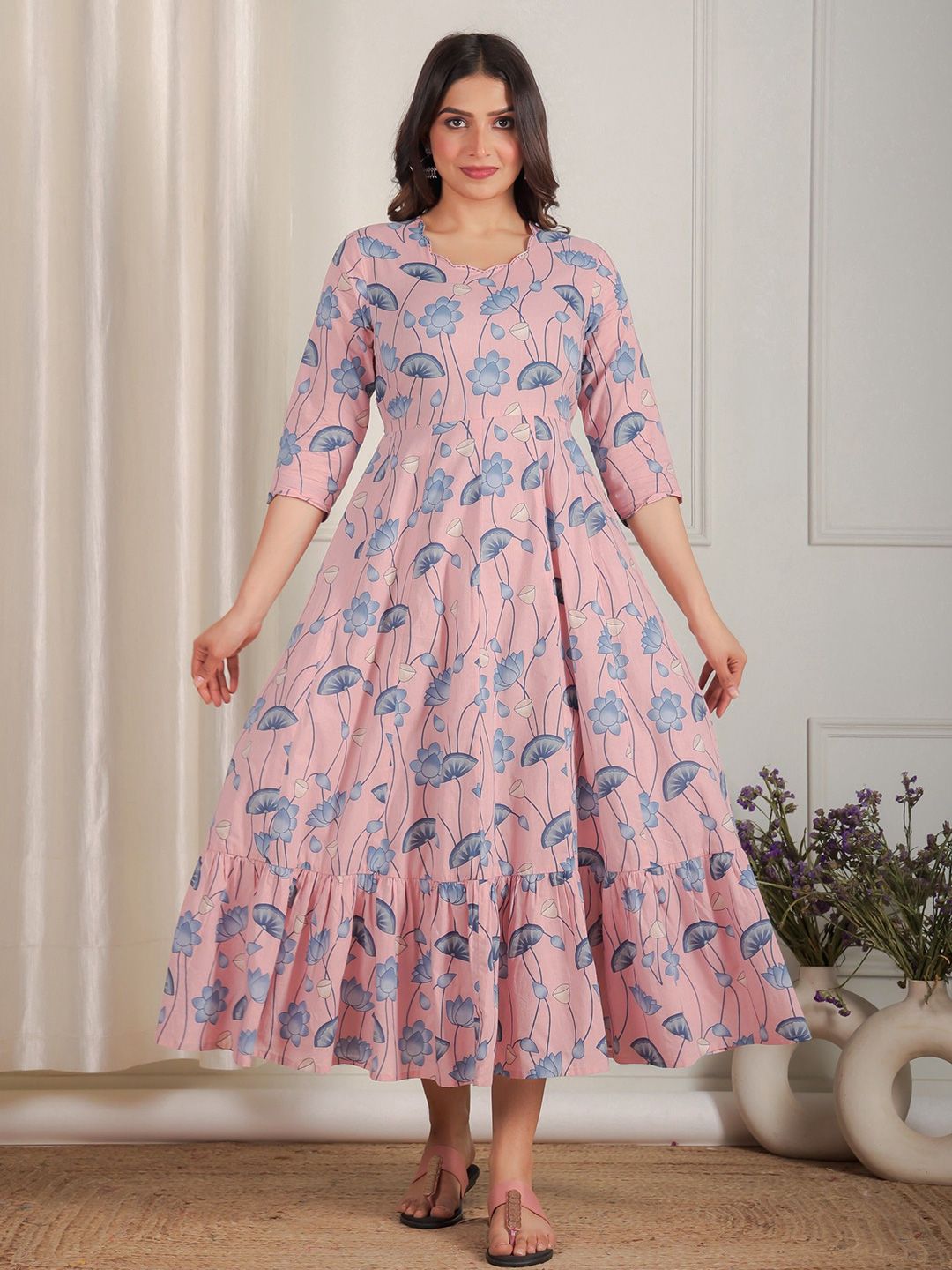Aramya Floral Printed Gathered or Pleated Anarkali Cotton Ethnic Dress-picture-19