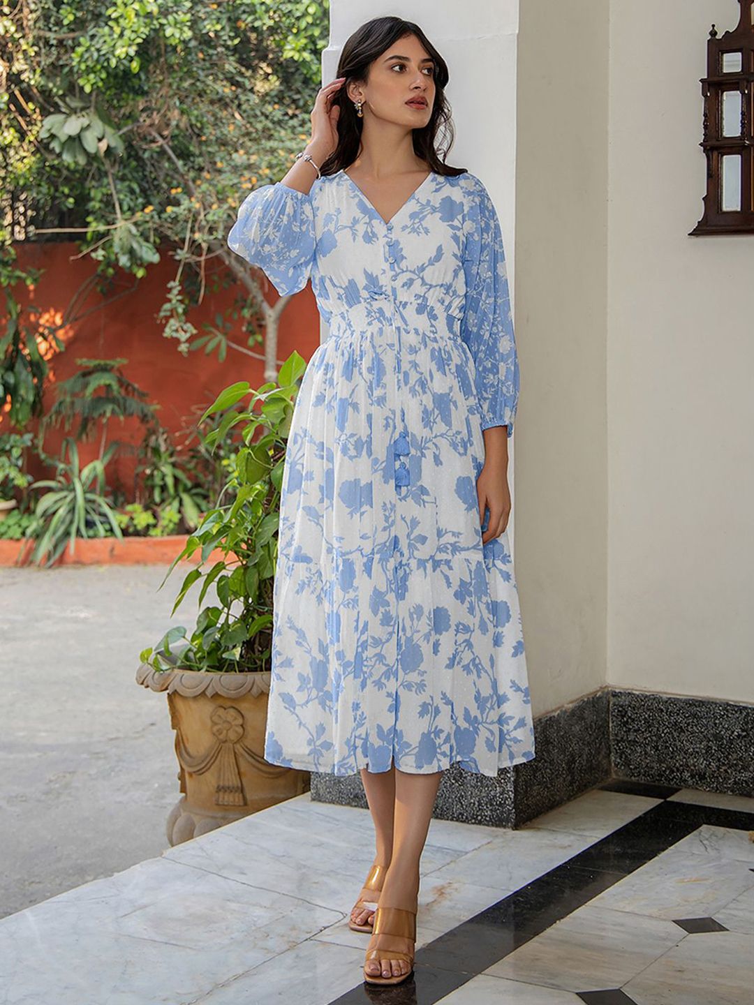 Janasya Women's Light Blue Dobby Georgette Floral Printed Fit & Flare Ethnic Dresses-picture-20