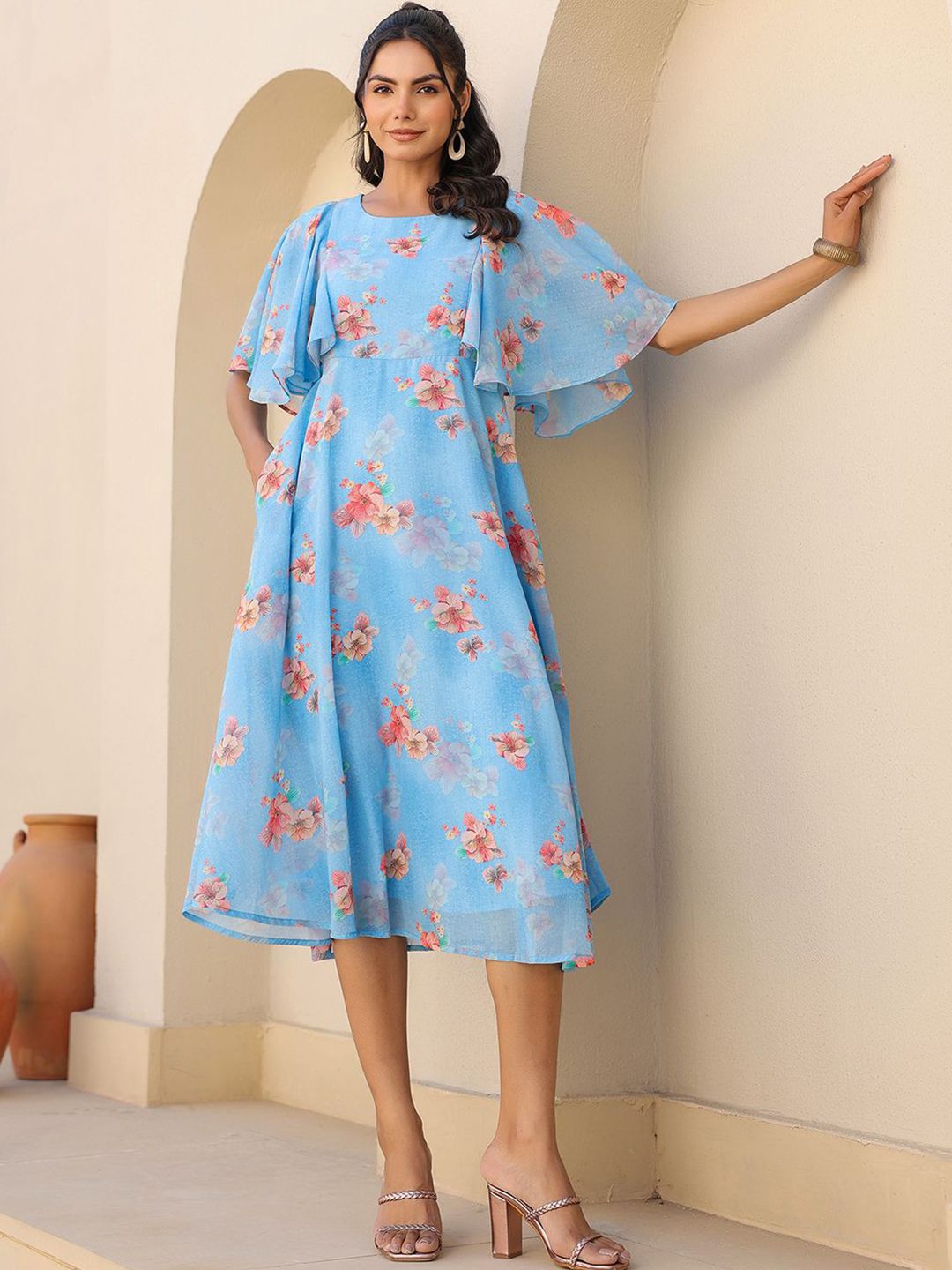 Janasya Women's Blue Georgette Floral Printed A-line Ethnic Dresses-picture-18