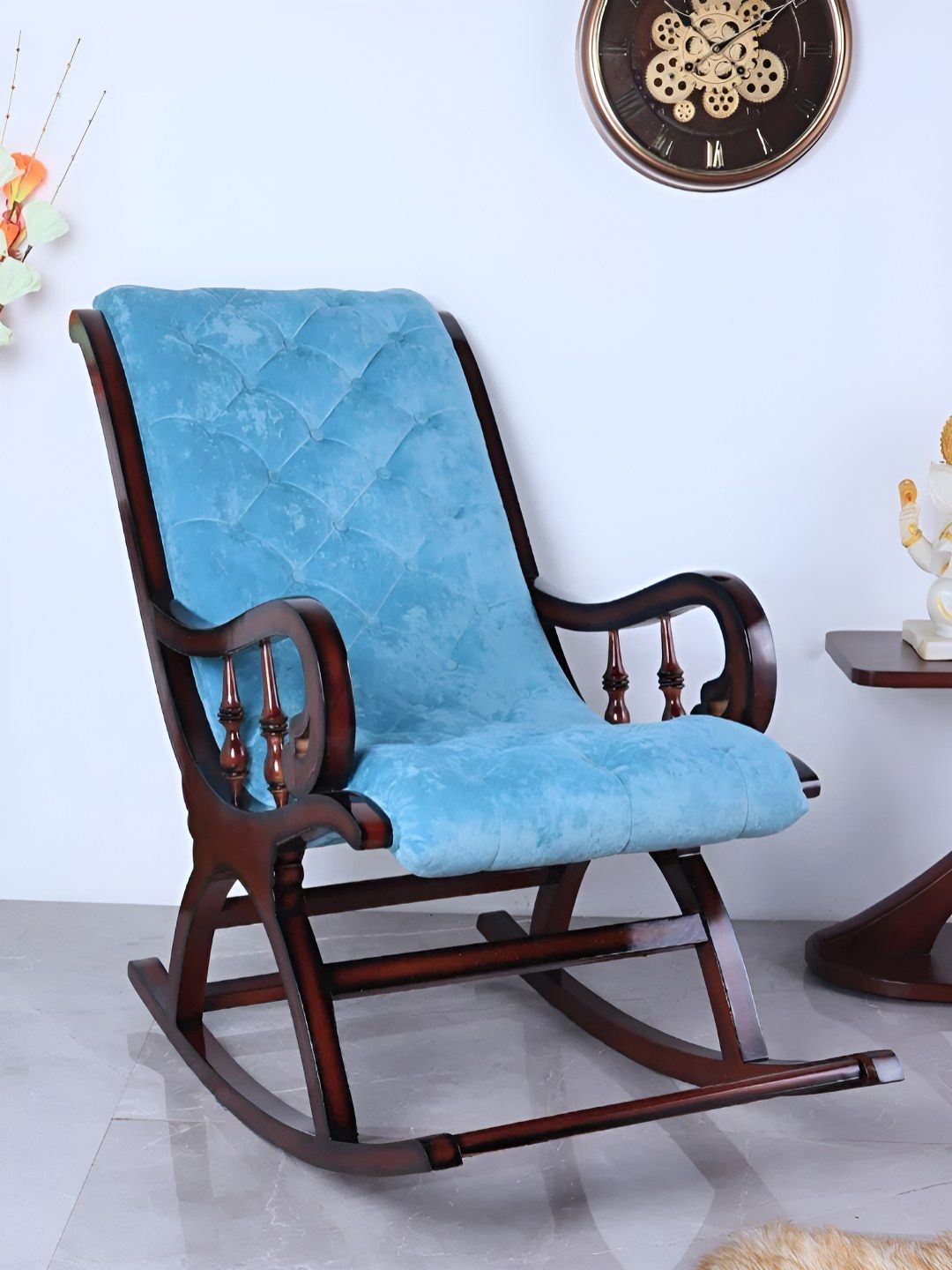 DZYN Furnitures Brown & Blue Wooden Rocking Chair