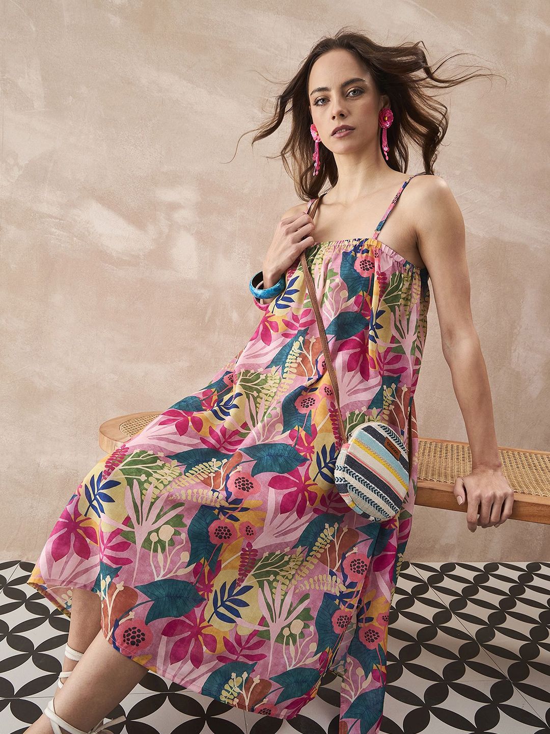 InWeave Tropical Printed Shoulder Straps A-Line Maxi Dress