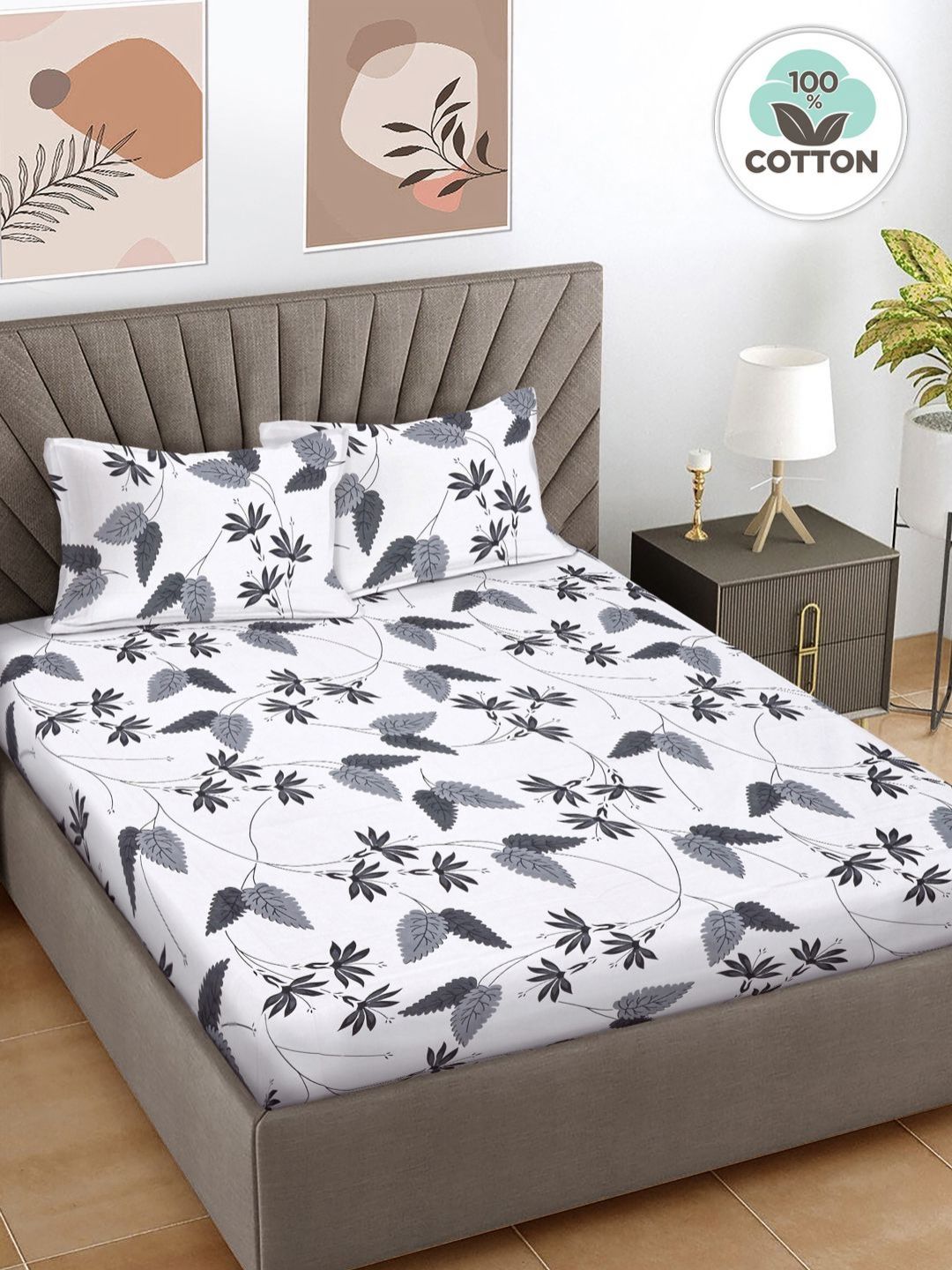 Myntra Elegant Homes Grey & White Floral 400 TC King Bedsheet with 2 Pillow Covers-image-40