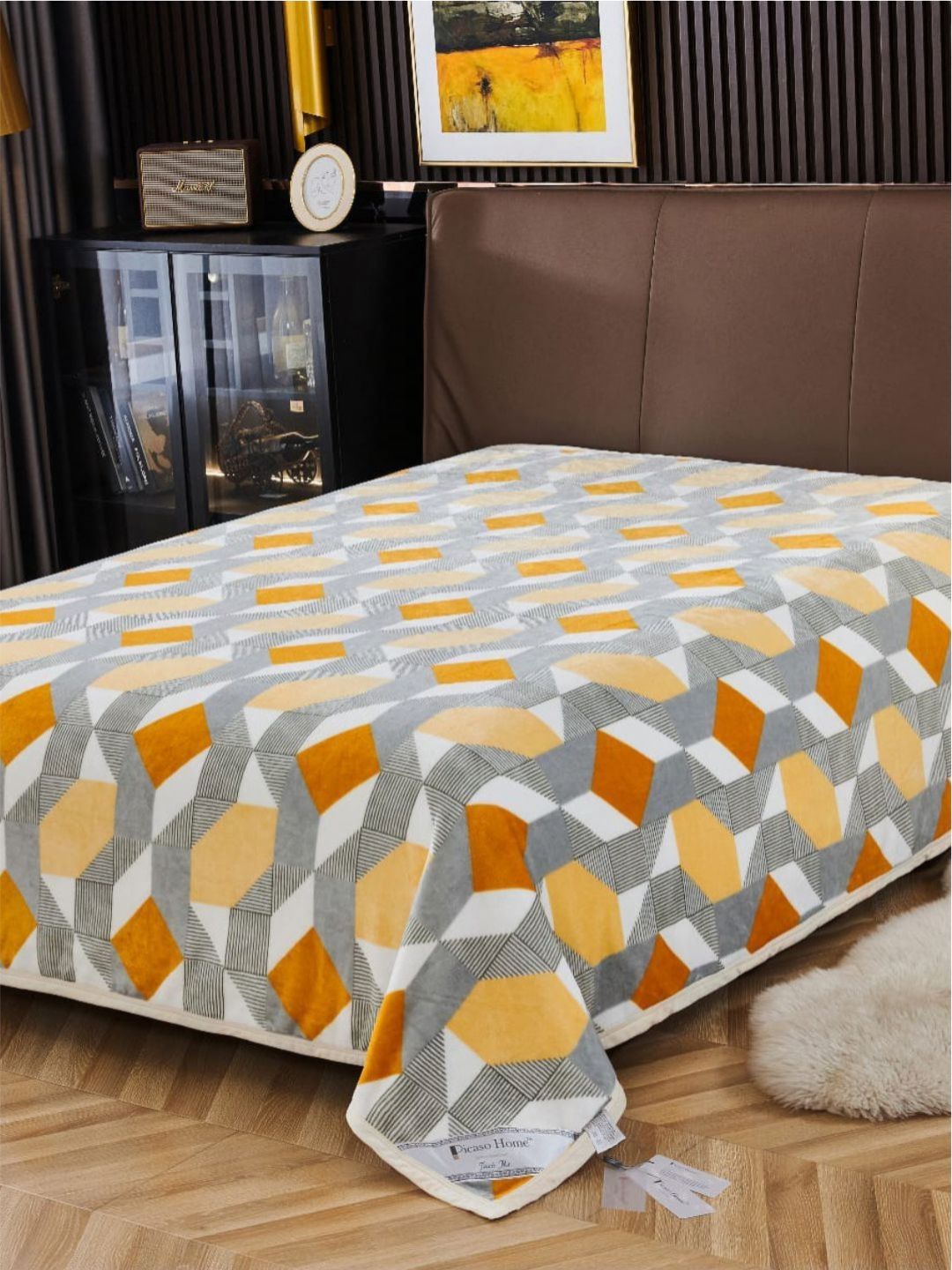 DREAM WEAVERZ Grey & White Geometric 150 GSM Double Bed Blanket