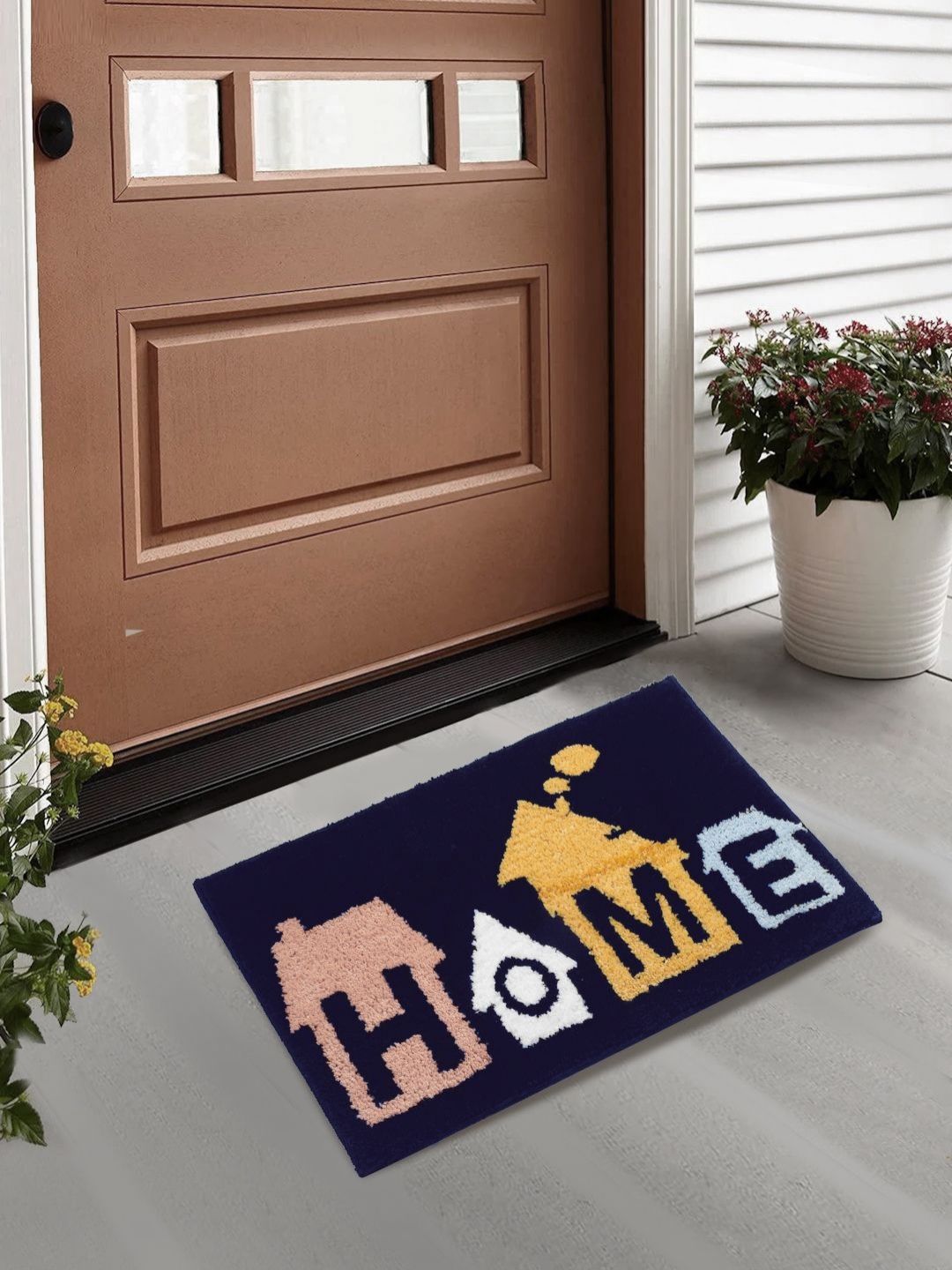 Myntra Elegant Homes Navy Blue & Yellow Geometric Printed Anti-Skid Doormat-image-23