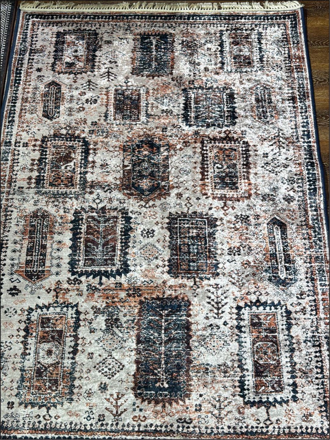 DREAM WEAVERZ White & Brown Printed Anti-Skid Long-Life Rectangular Floor Rug