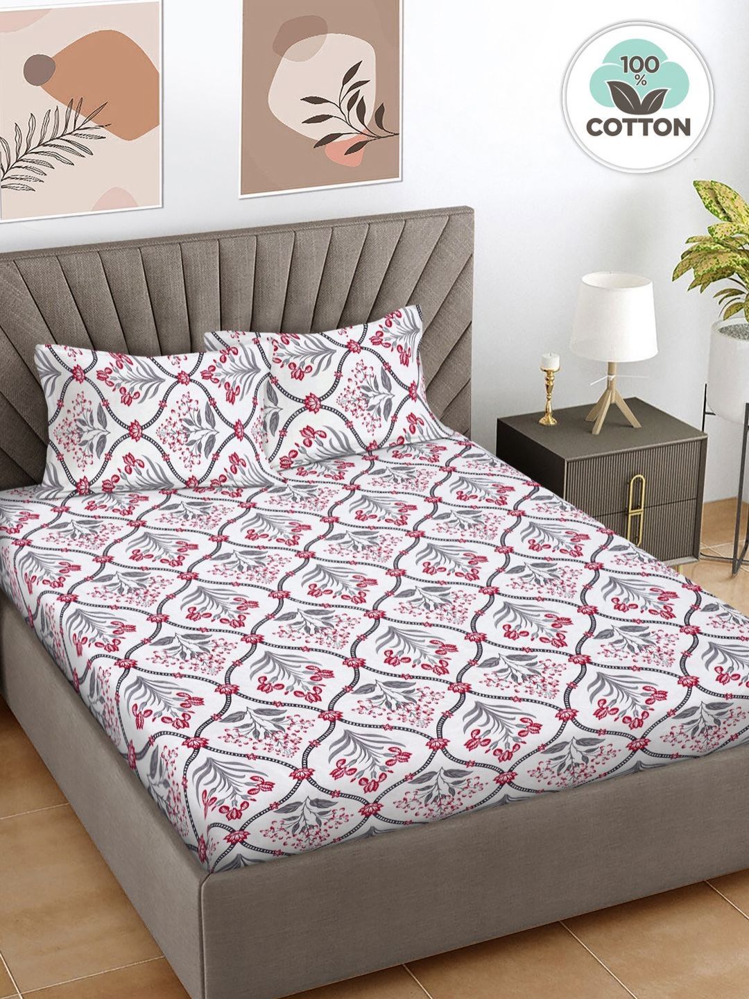 Myntra Elegant Homes Red & Black Floral 400 TC King Bedsheet with 2 Pillow Covers-image-20