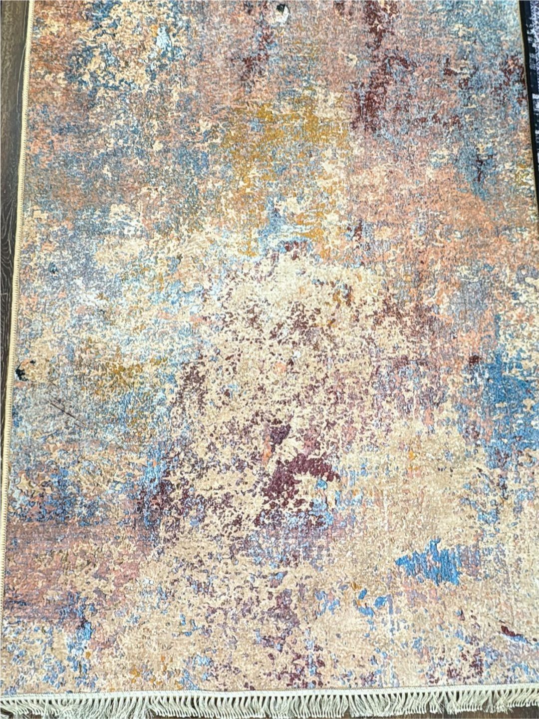 DREAM WEAVERZ Beige & Blue Printed Anti-Skid Long-Life Rectangular Floor Rug