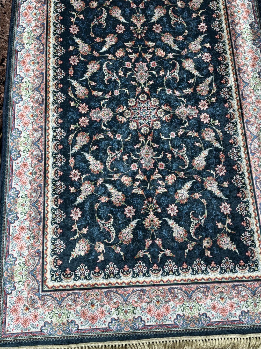 DREAM WEAVERZ White & Blue Printed Chenille Anti-Skid Long-Life Rectangular Floor Rug