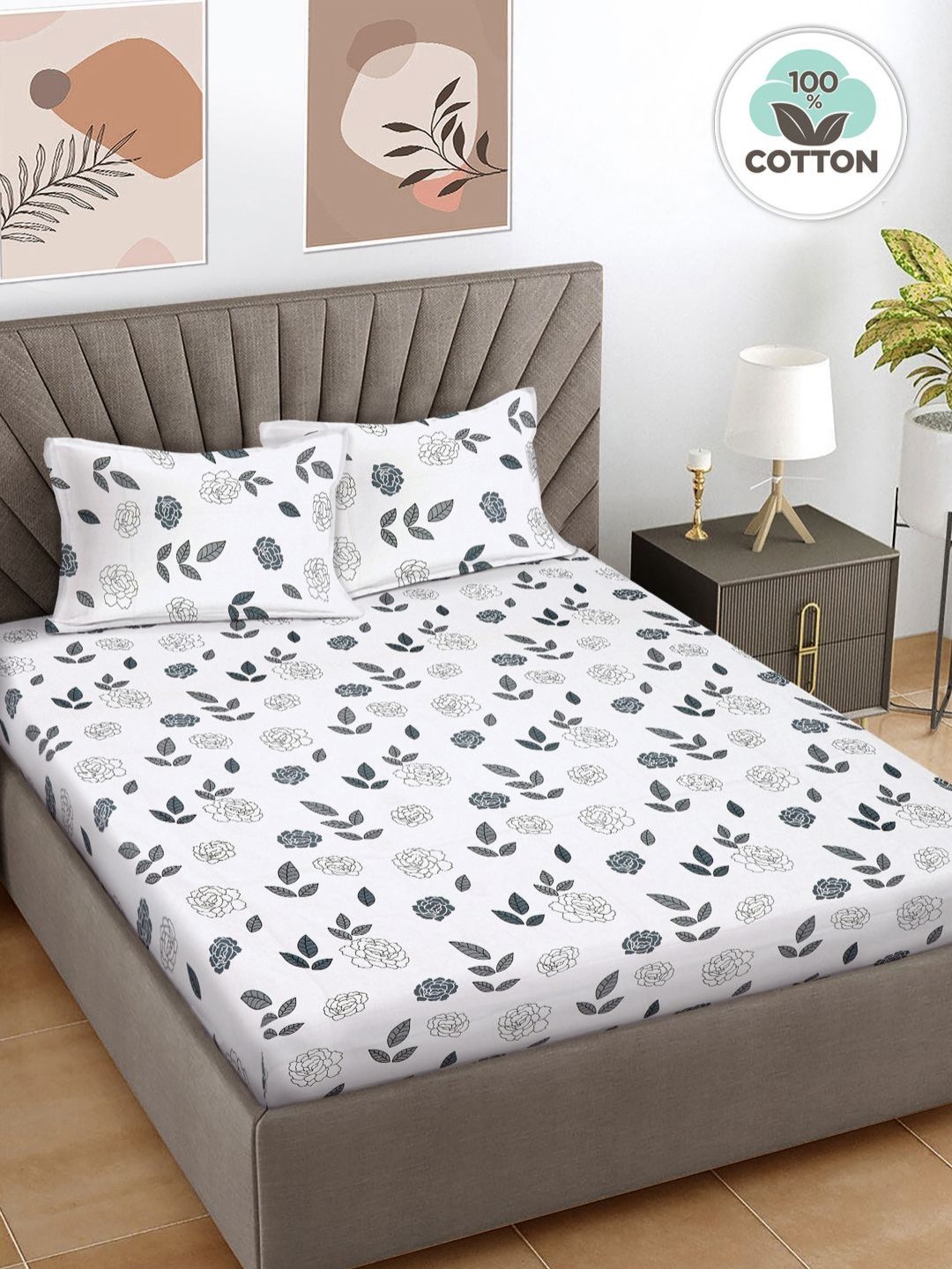Myntra Elegant Homes Grey & White Floral 400 TC King Bedsheet with 2 Pillow Covers-picture-39