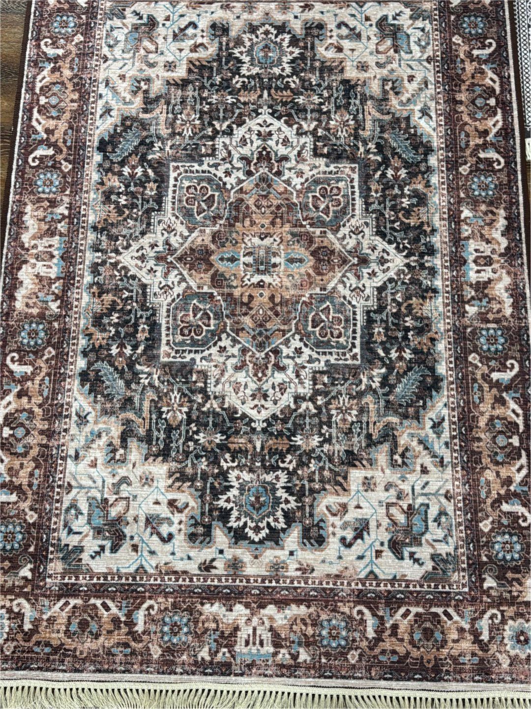 DREAM WEAVERZ White & Brown Printed Chenille Anti-Skid Long-Life Rectangular Floor Rug