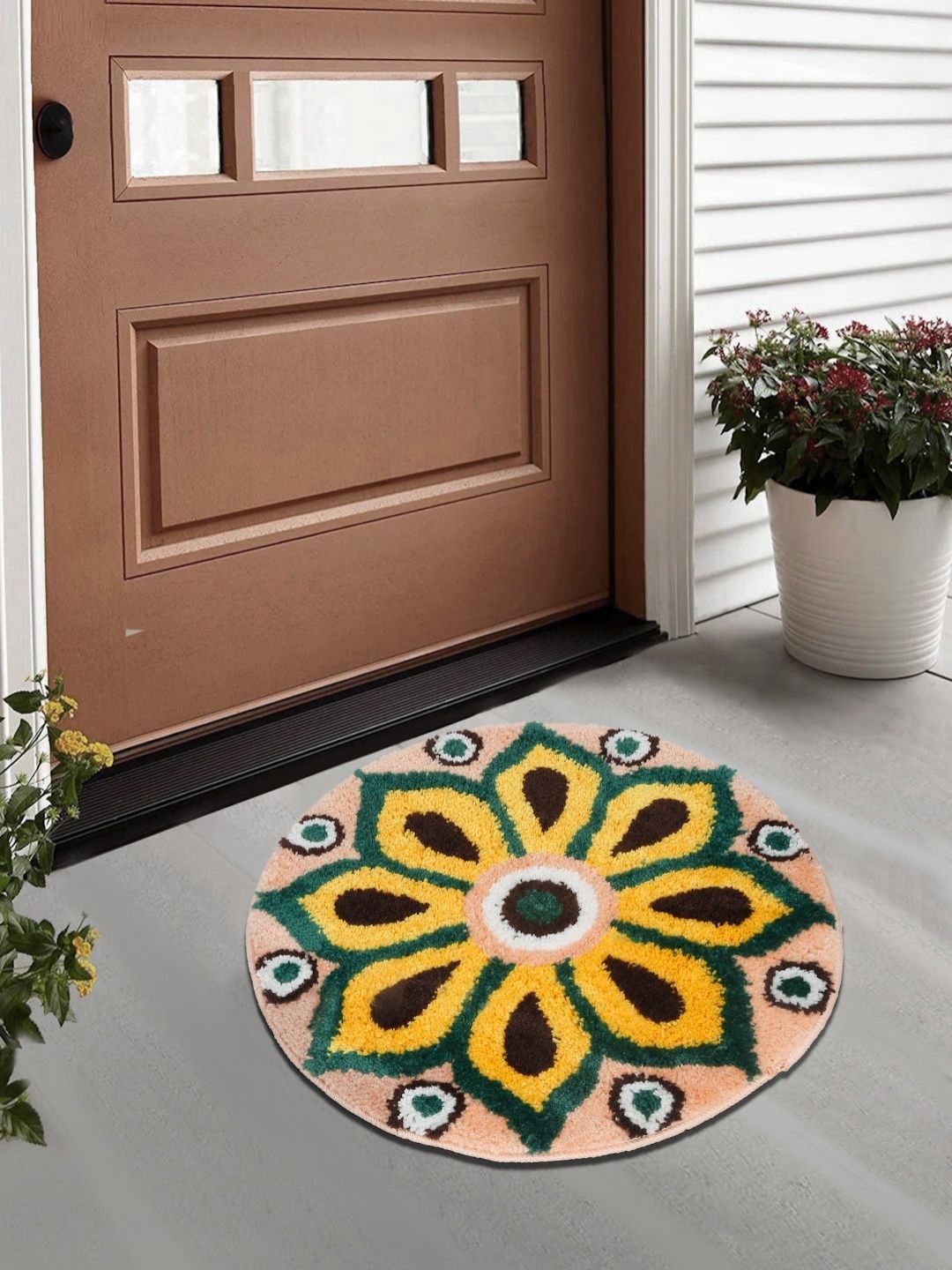Myntra Elegant Homes Green & Yellow Geometric Printed Anti-Skid Doormat-picture-28