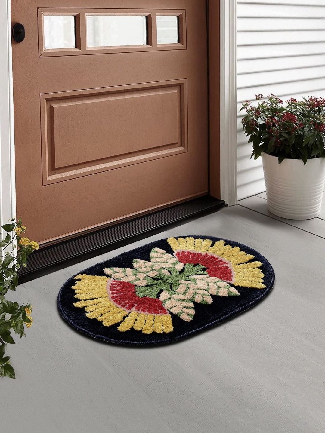 Myntra Elegant Homes Yellow & Red Abstract Printed Anti-Skid Doormat-picture-53