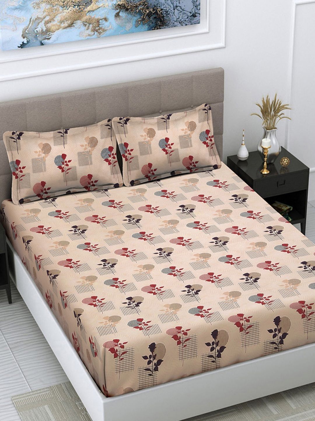 Myntra Elegant Homes Beige Floral Printed 300 TC King Bedsheet Set-2.50 m x 2.25 m-picture-29