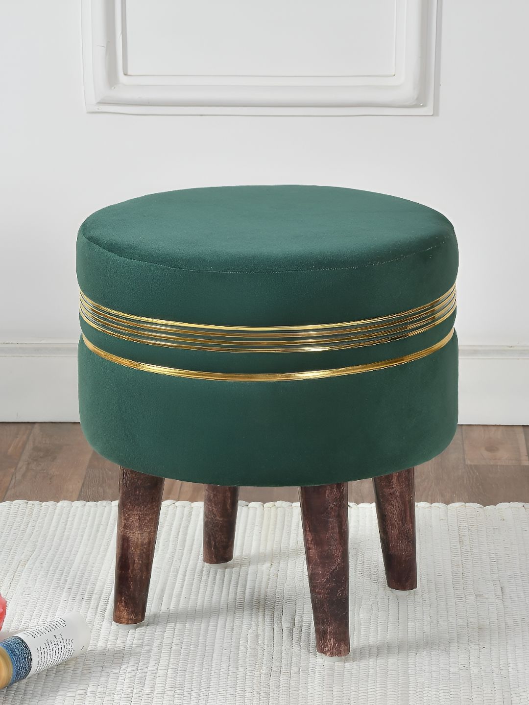 NACIA Green & Gold Toned Round Shaped Wooden & Velvet Ottoman-picture-39