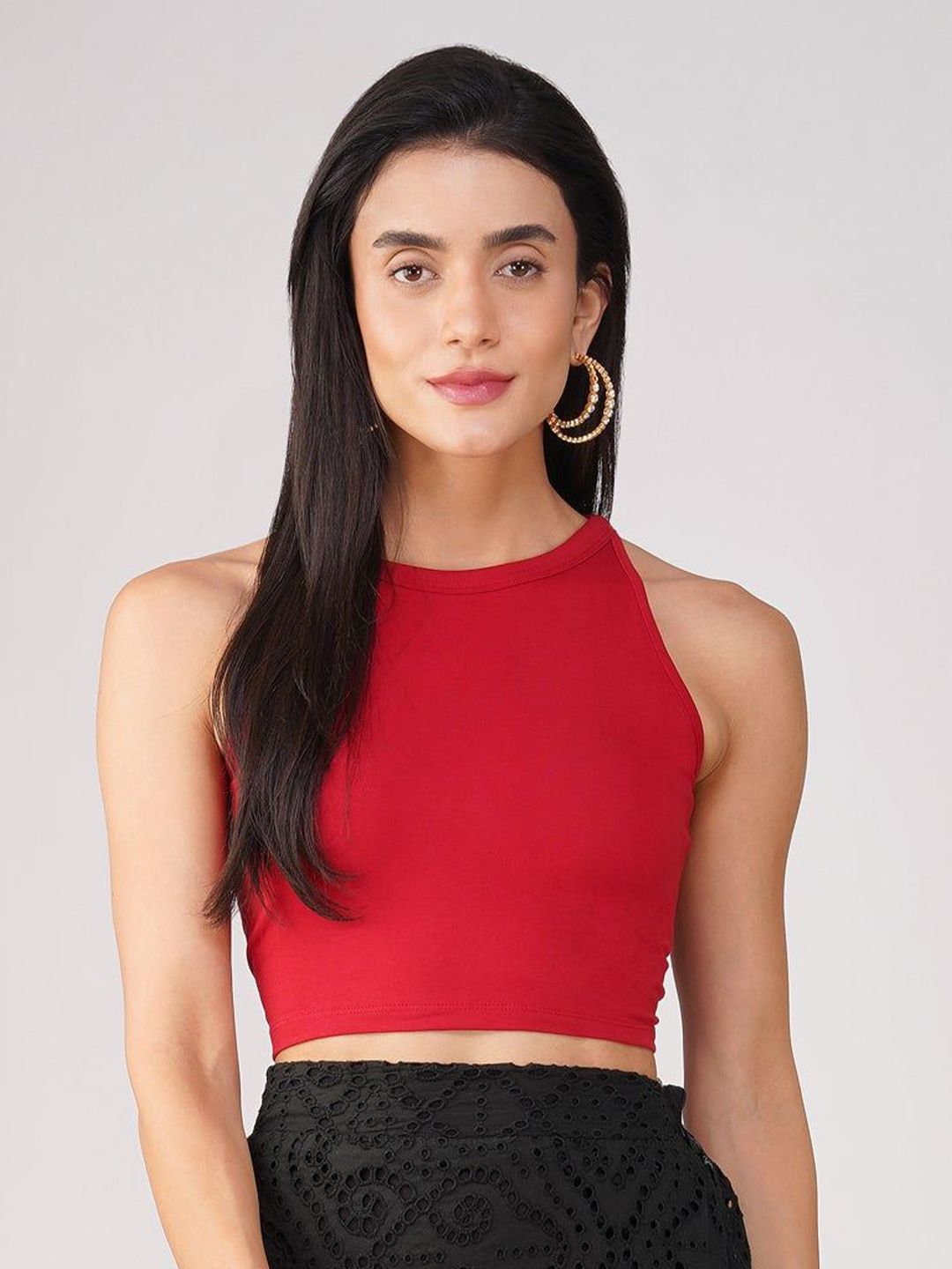 Swtantra Swtantra Women's Stretchy Knitted Halter Neck Red Crop Saree Blouse