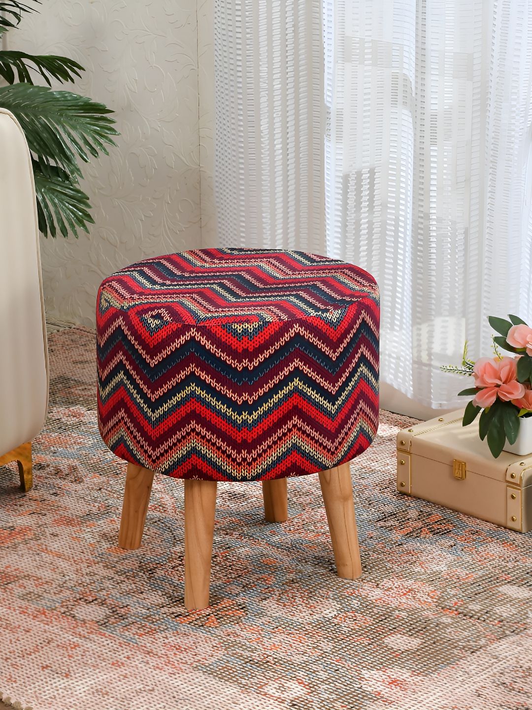 NACIA Red & Blue Printed Wooden Round Ottoman-image-18