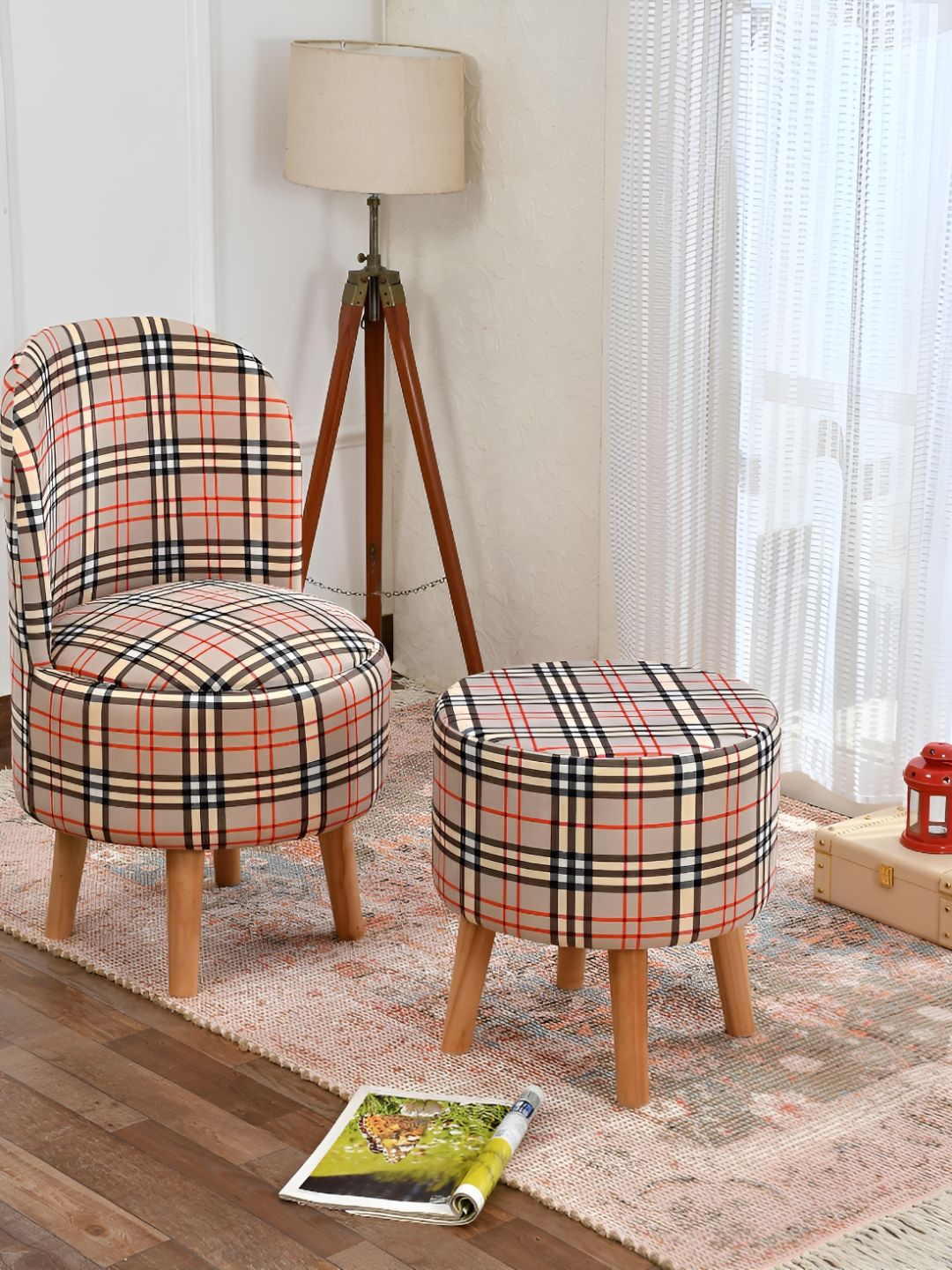 NACIA 2-Pieces Beige & Brown Checked Printed Cylindrical Shape Ottoman Pouffes Stool-image-6