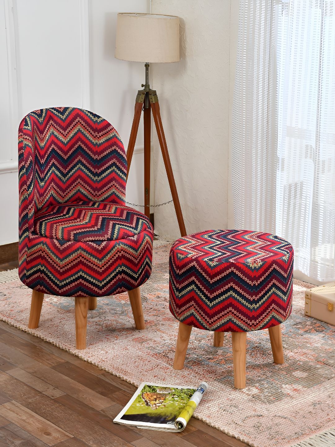 NACIA 2 Pieces Red & Brown Geometric Printed Cylindrical Shape Wooden Ottomans-picture-13