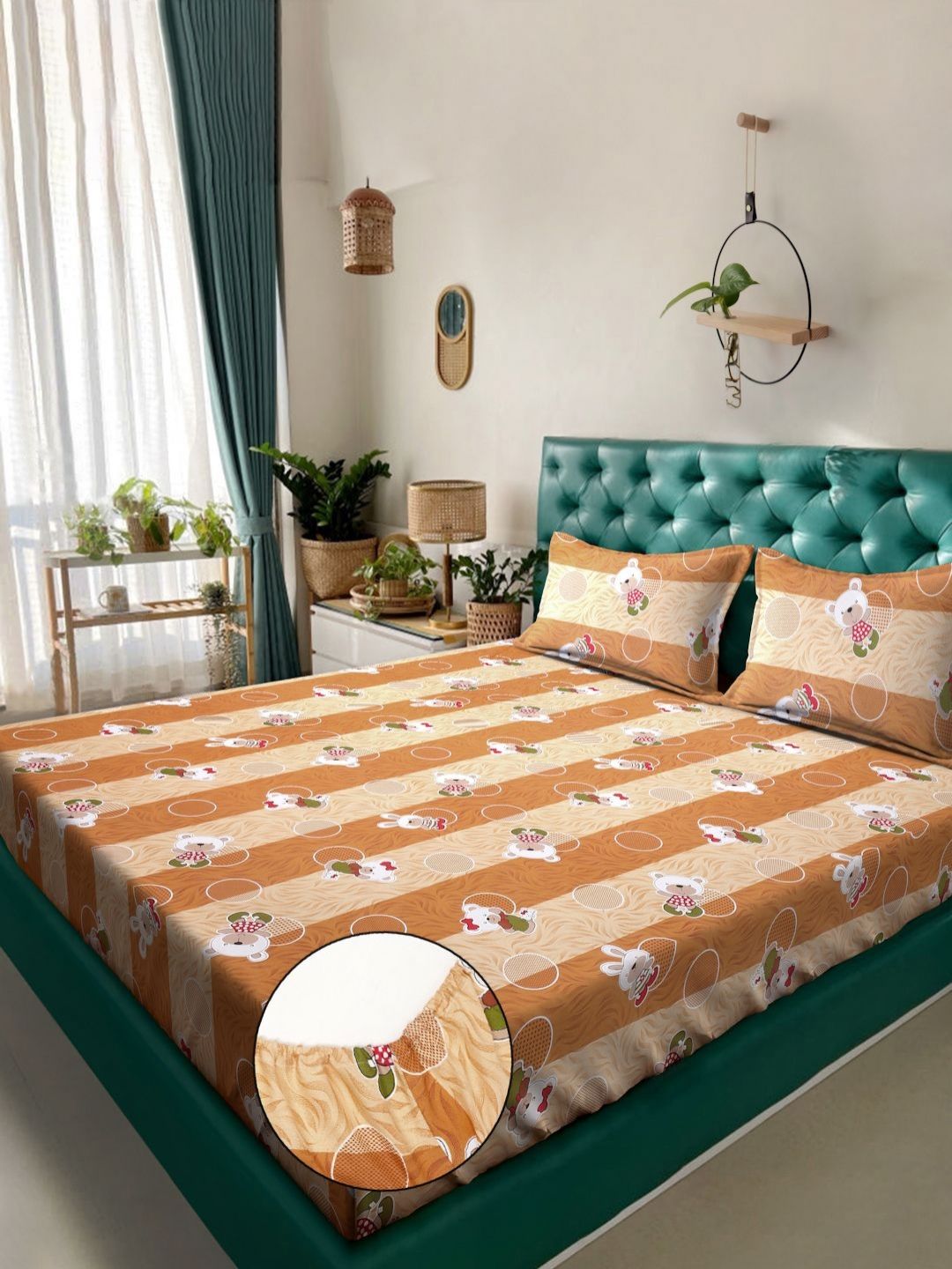 KLOTTHE Kids Mustard Printed Cotton 400TC King Double Bedsheet Set - 2.50 m x 2.25m-picture-35