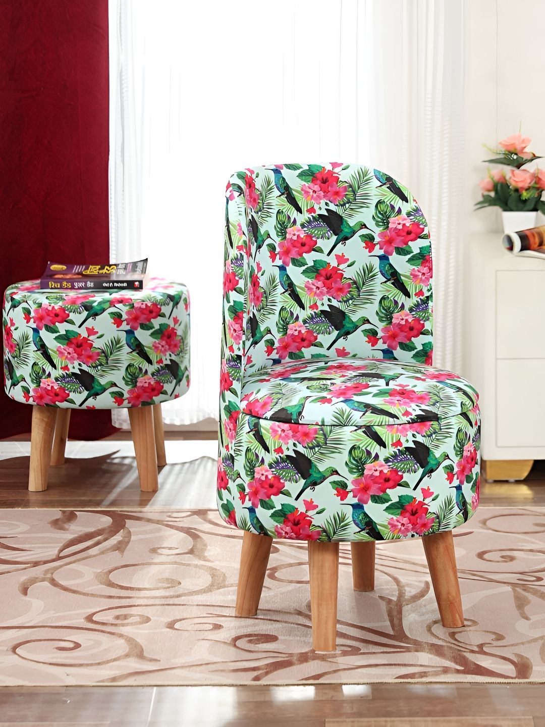 NACIA 2 Pieces Green & Pink Floral Printed Cylindrical Shape Wooden Ottomans-picture-10